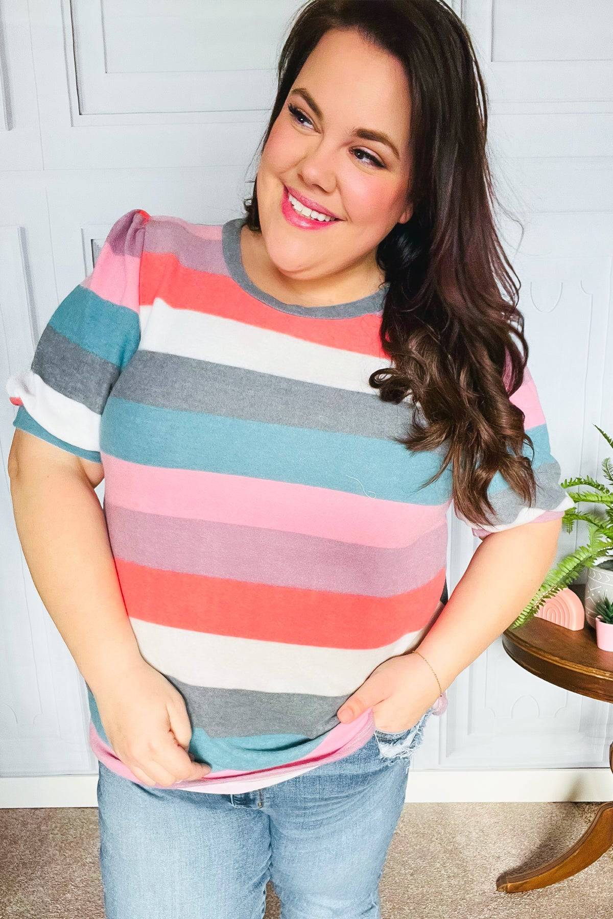 Look Out Teal & Rose Striped Hacci Knit Puff Sleeve Top - Luxe Mod 