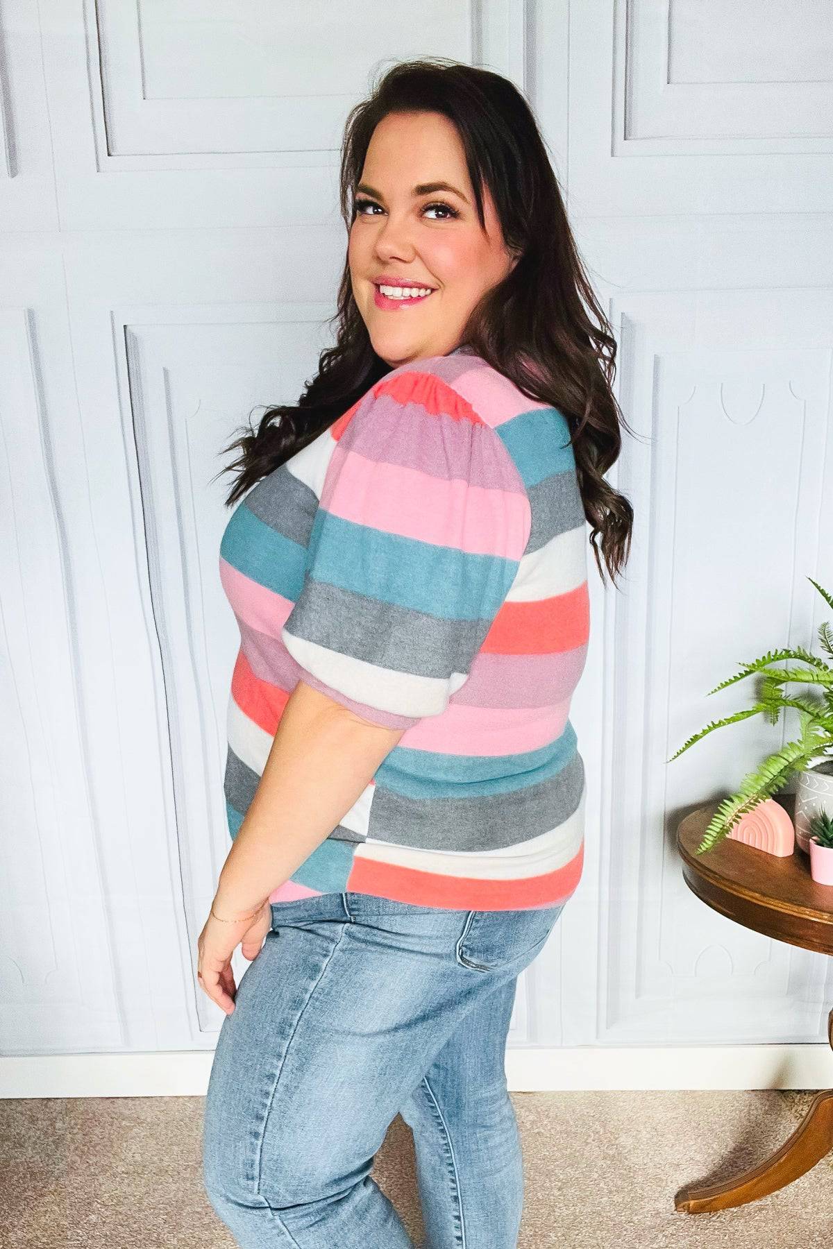 Look Out Teal & Rose Striped Hacci Knit Puff Sleeve Top - Luxe Mod 