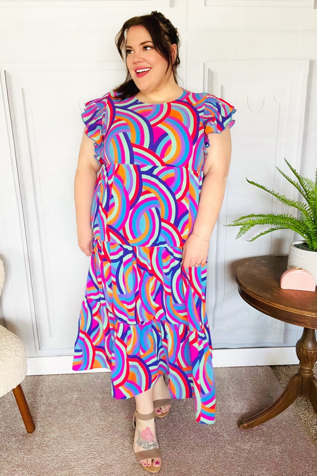 Feel Your Best Purple Abstract Print Smocked Ruffle Sleeve Maxi Dress - Luxe Mod 