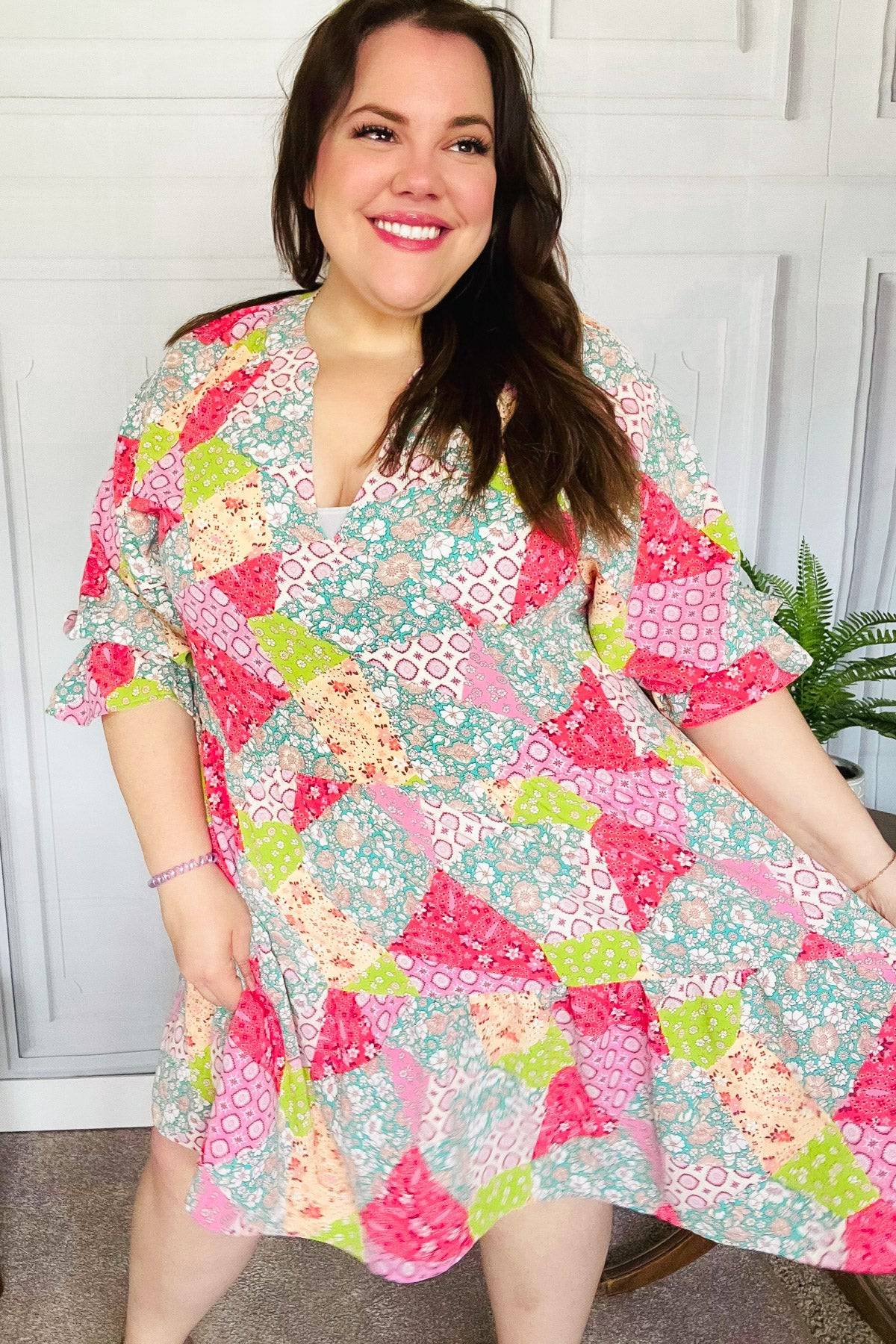 Look Of Love Lime & Coral Patchwork Print V Neck Dress