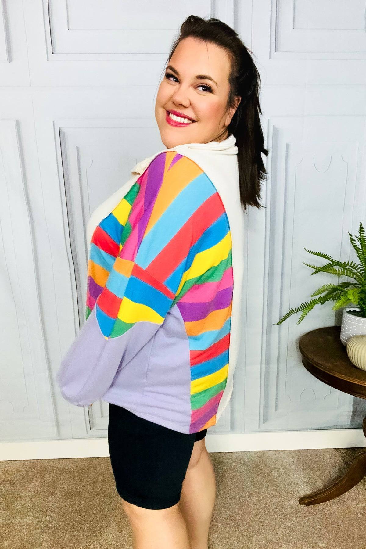 Feeling Bold Lilac Multicolor Stripe Collared V Neck Pullover - Luxe Mod 