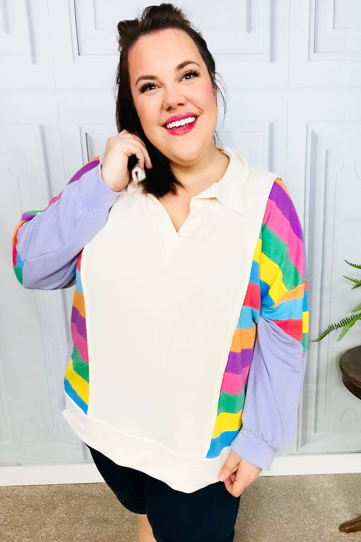 Feeling Bold Lilac Multicolor Stripe Collared V Neck Pullover - Luxe Mod 