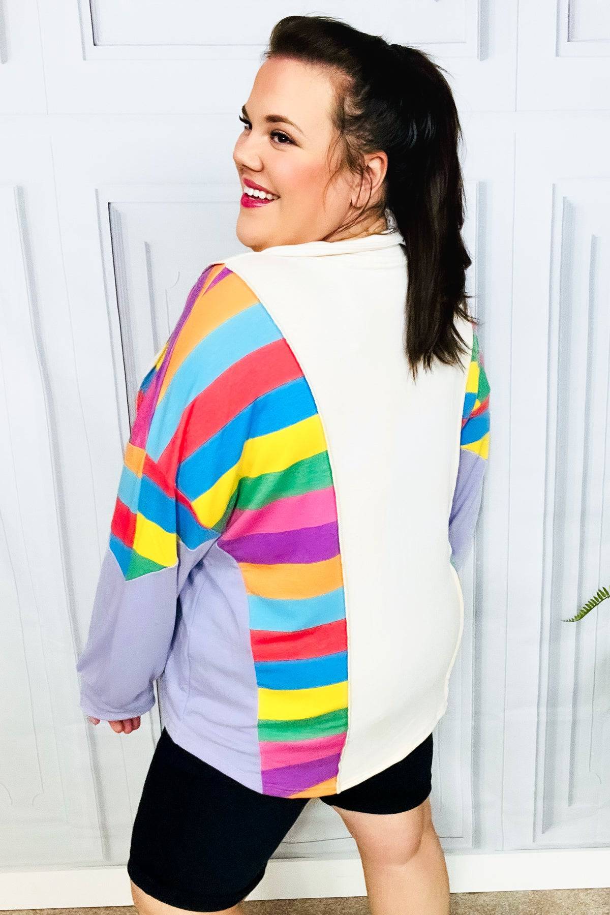 Feeling Bold Lilac Multicolor Stripe Collared V Neck Pullover - Luxe Mod 