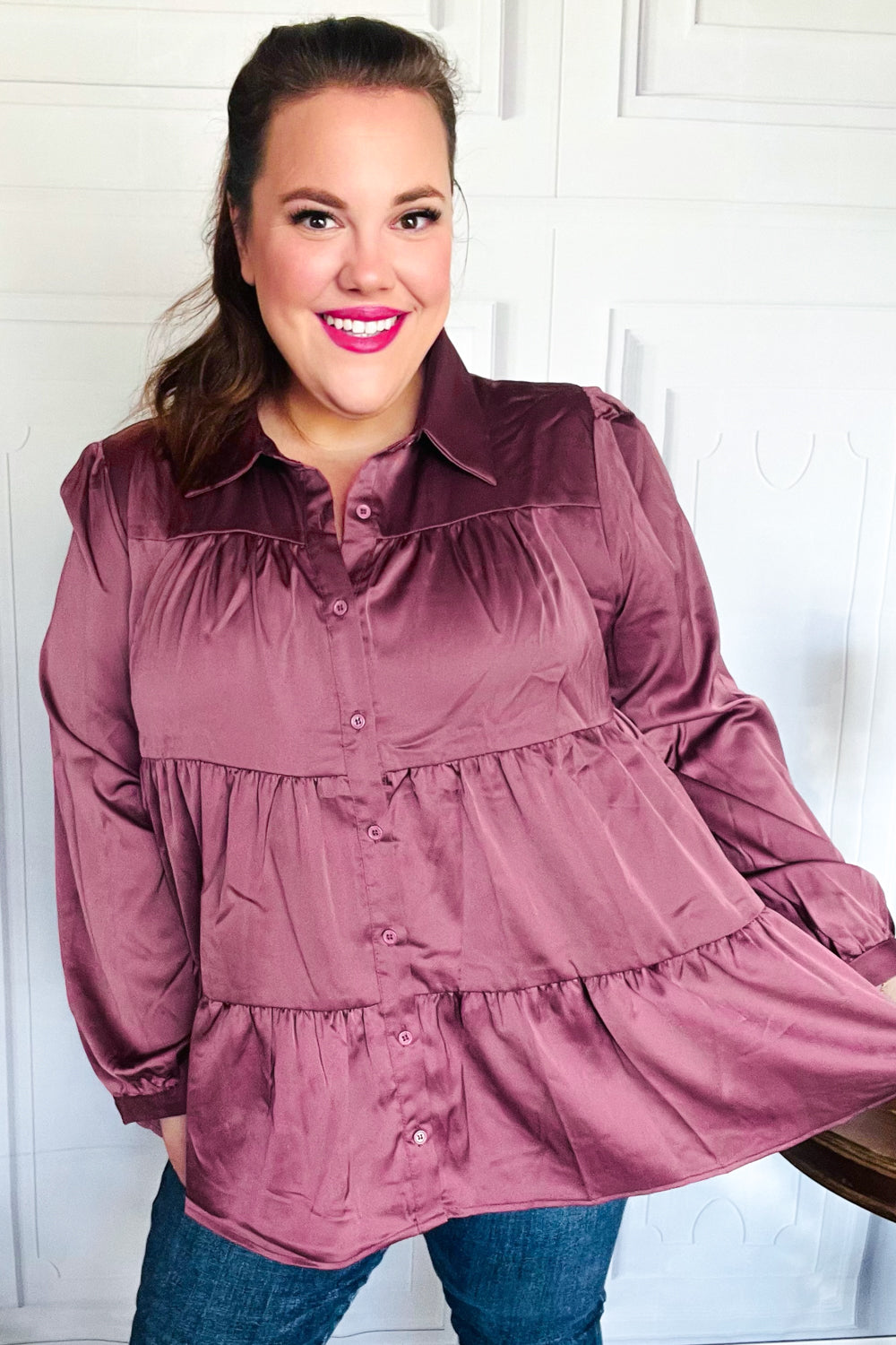 Perfectly You Burgundy Button Down Tiered Babydoll Satin Top