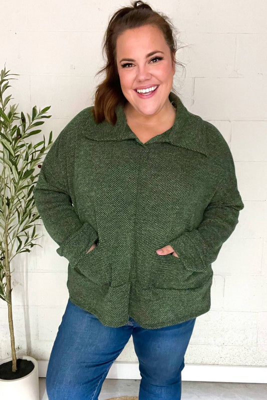 Easy Living Olive Textured Knit Notch Neck Oversized Collar Sweater - Luxe Mod 