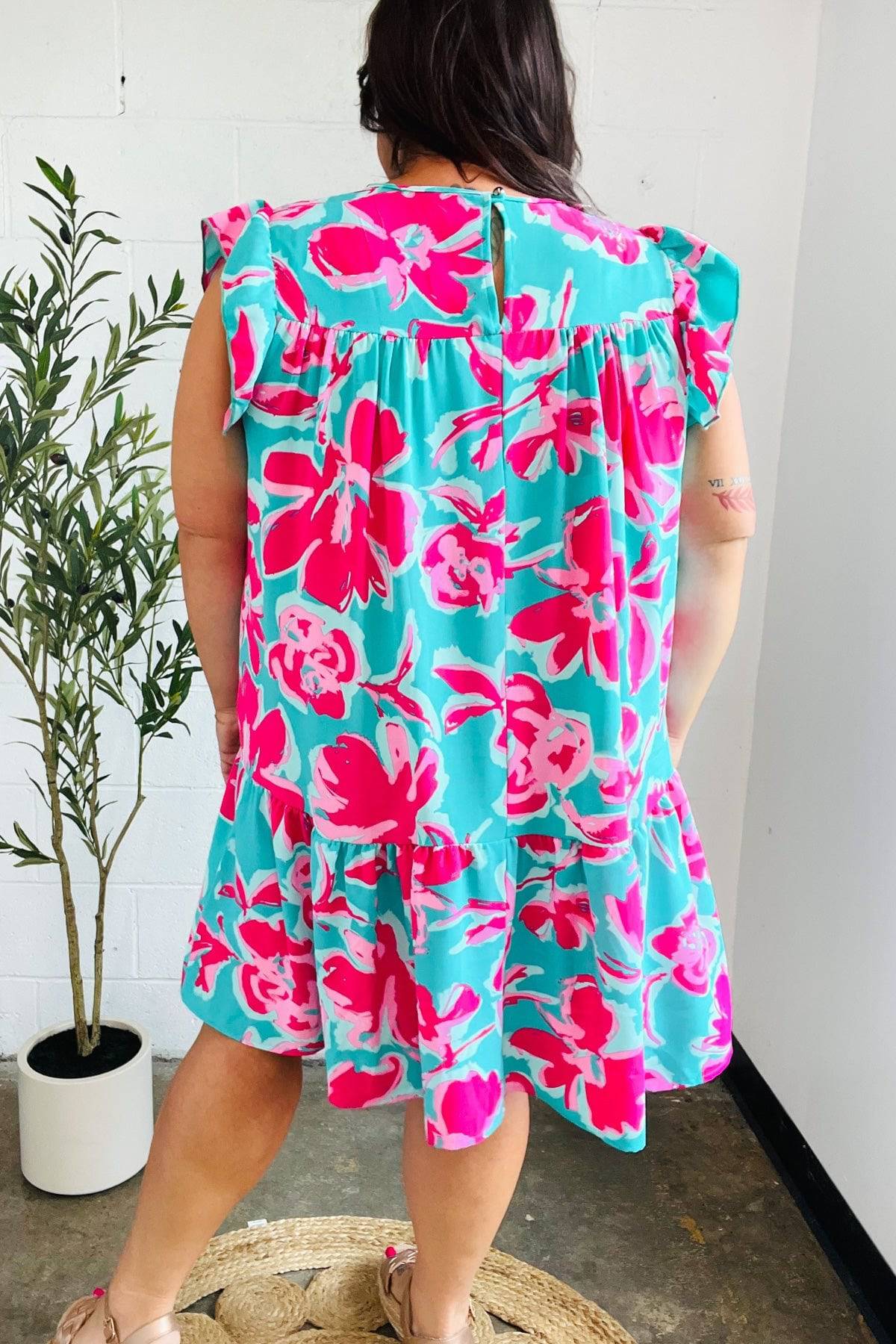 Diva Dreaming Aqua & Fuchsia Floral Print Tiered Ruffle Sleeve Dress - Luxe Mod 