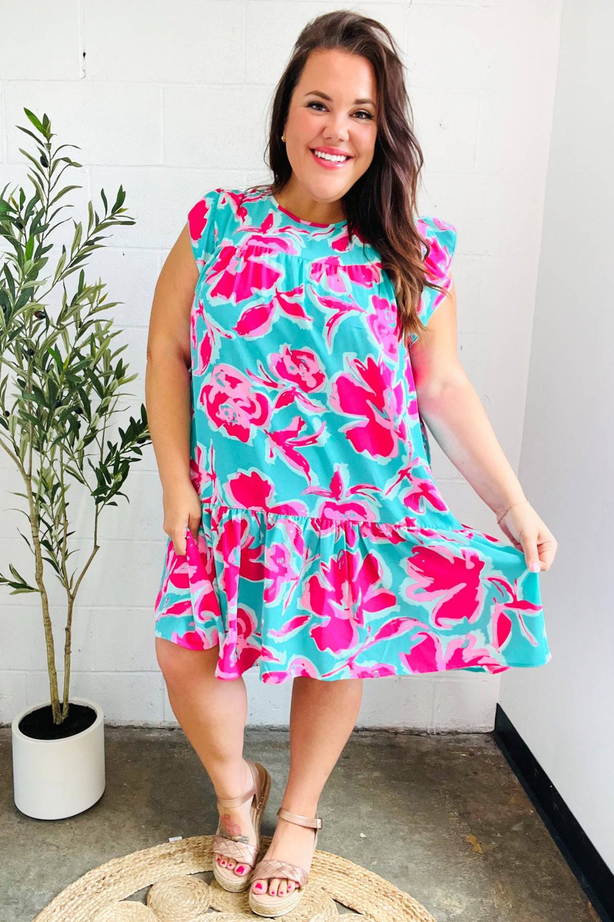 Diva Dreaming Aqua & Fuchsia Floral Print Tiered Ruffle Sleeve Dress - Luxe Mod 