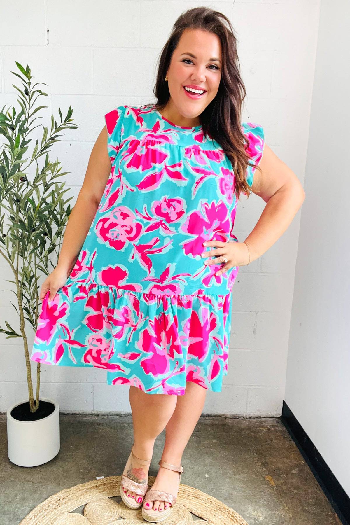 Diva Dreaming Aqua & Fuchsia Floral Print Tiered Ruffle Sleeve Dress - Luxe Mod 