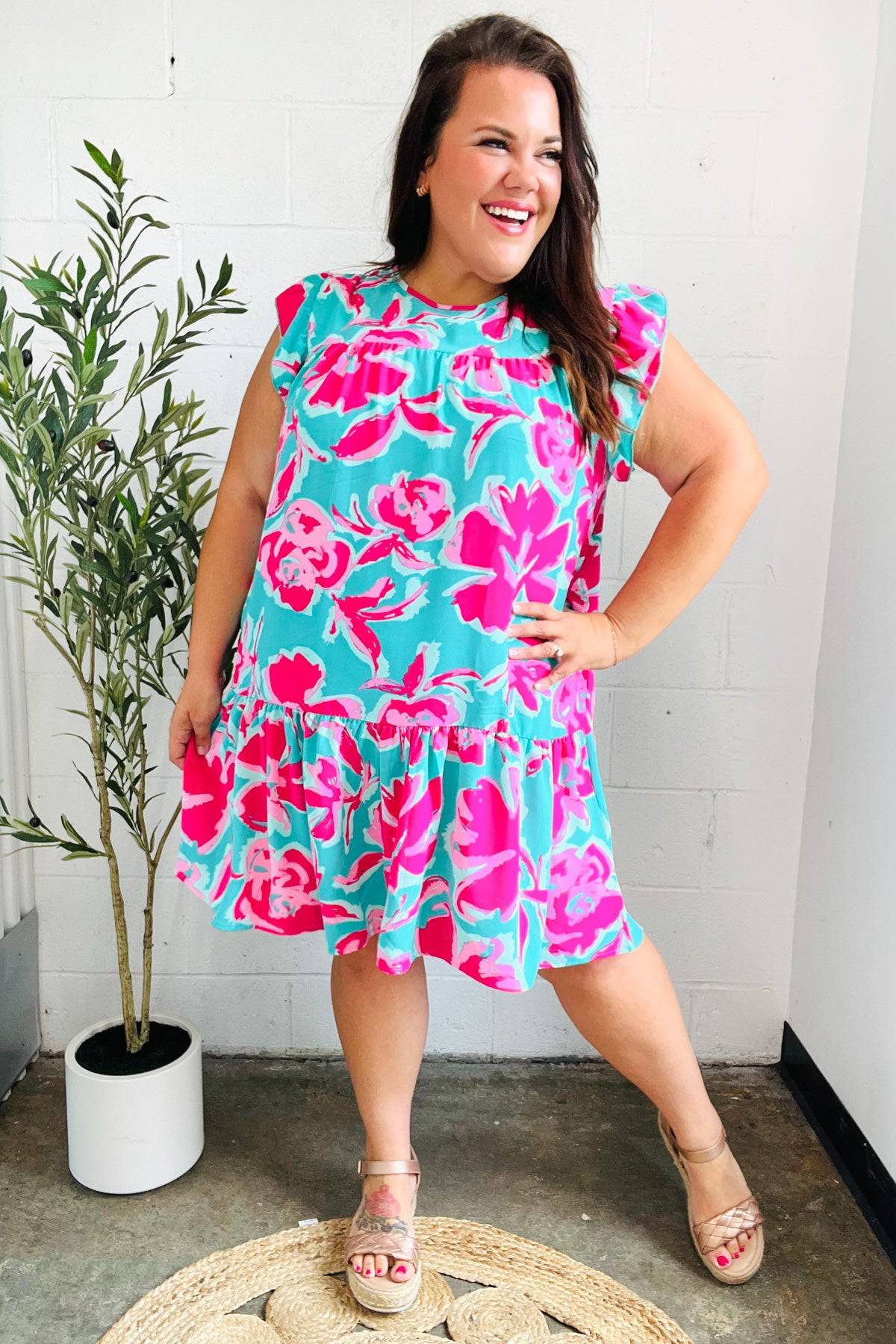 Diva Dreaming Aqua & Fuchsia Floral Print Tiered Ruffle Sleeve Dress - Luxe Mod 