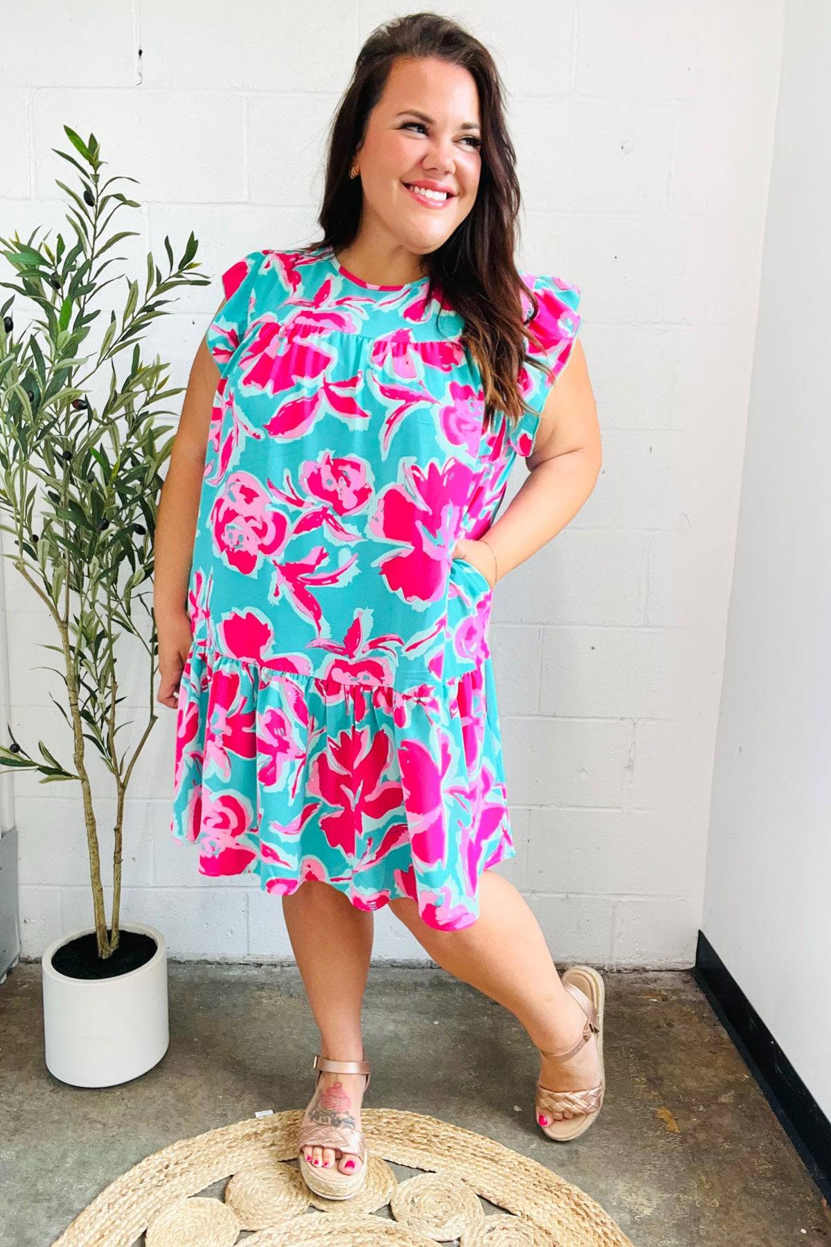 Diva Dreaming Aqua & Fuchsia Floral Print Tiered Ruffle Sleeve Dress - Luxe Mod 