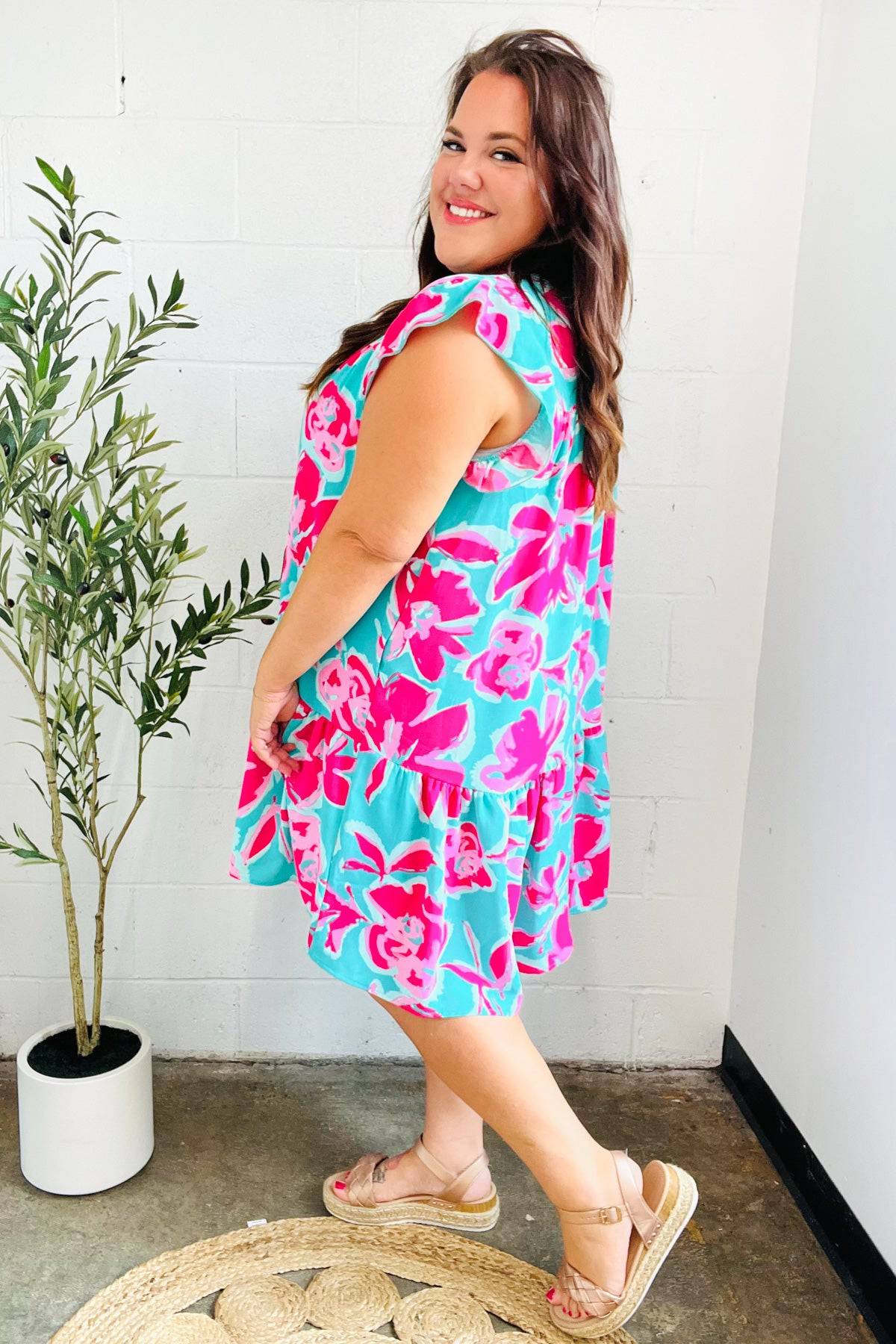 Diva Dreaming Aqua & Fuchsia Floral Print Tiered Ruffle Sleeve Dress - Luxe Mod 