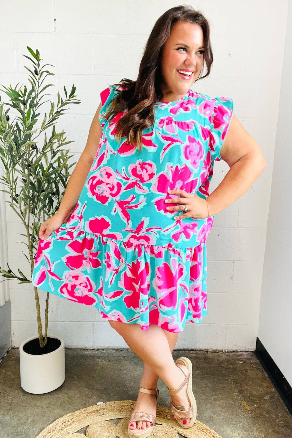 Diva Dreaming Aqua & Fuchsia Floral Print Tiered Ruffle Sleeve Dress - Luxe Mod 