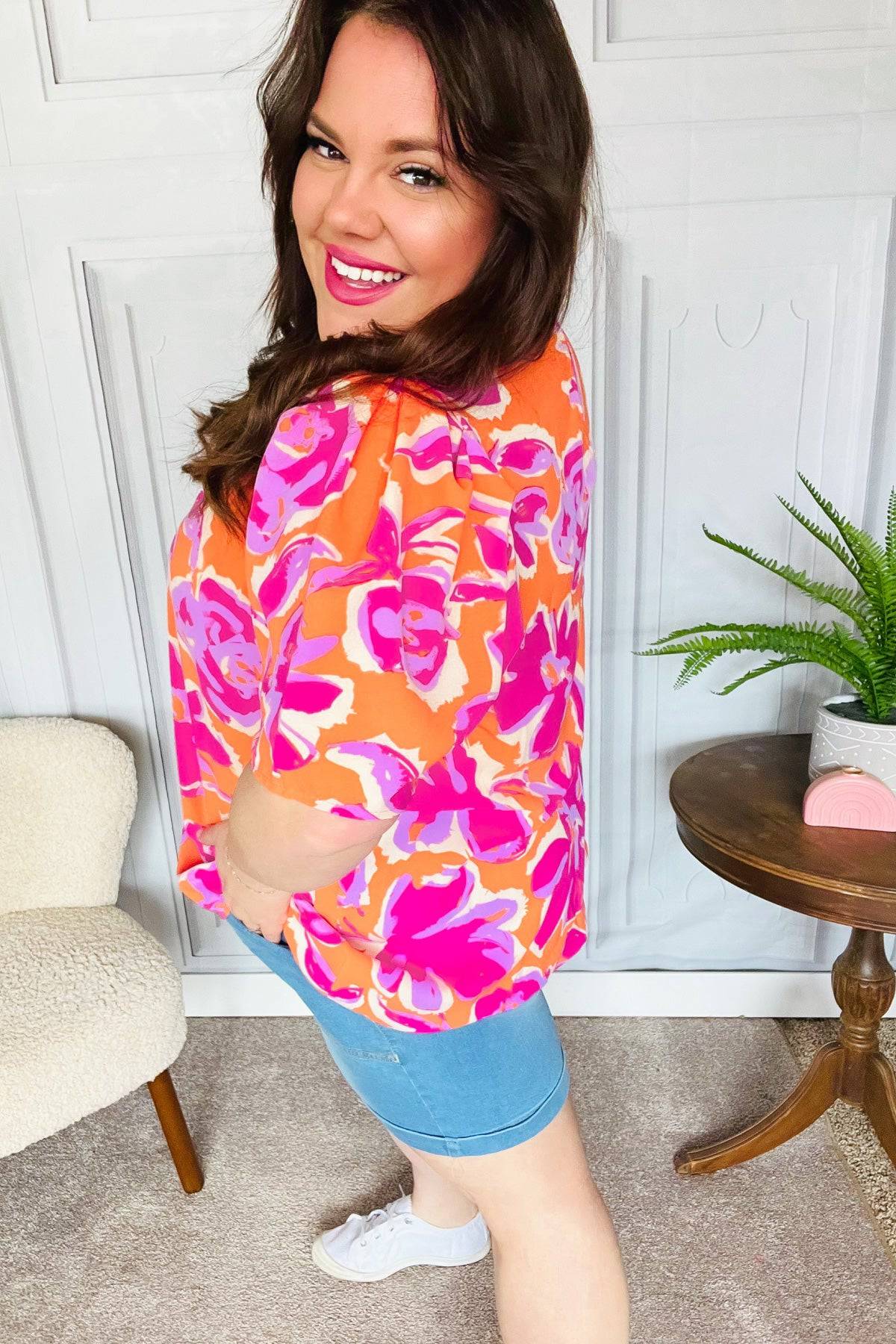 Feel Your Best Fuchsia Orange Floral Print Frill Mock Neck Top - Luxe Mod 