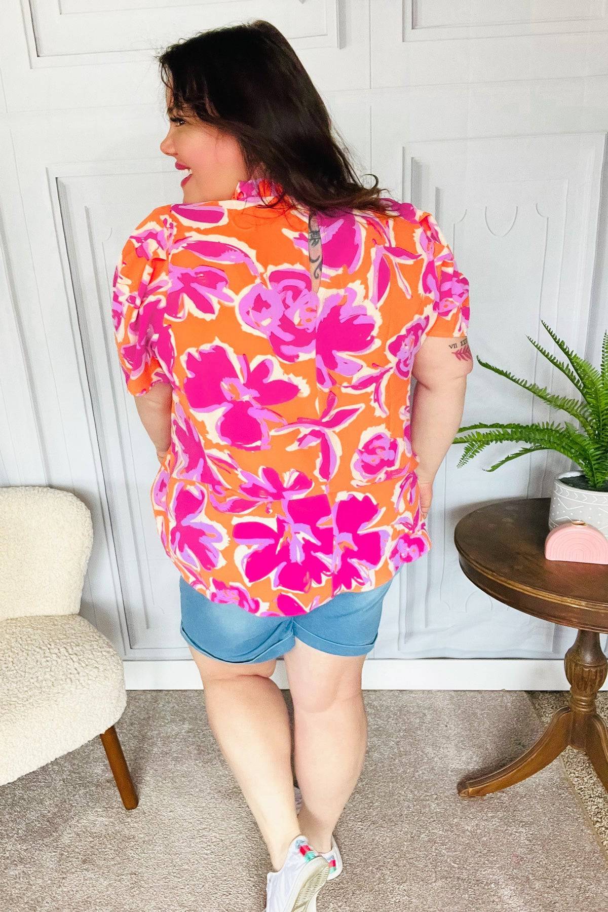 Feel Your Best Fuchsia Orange Floral Print Frill Mock Neck Top - Luxe Mod 