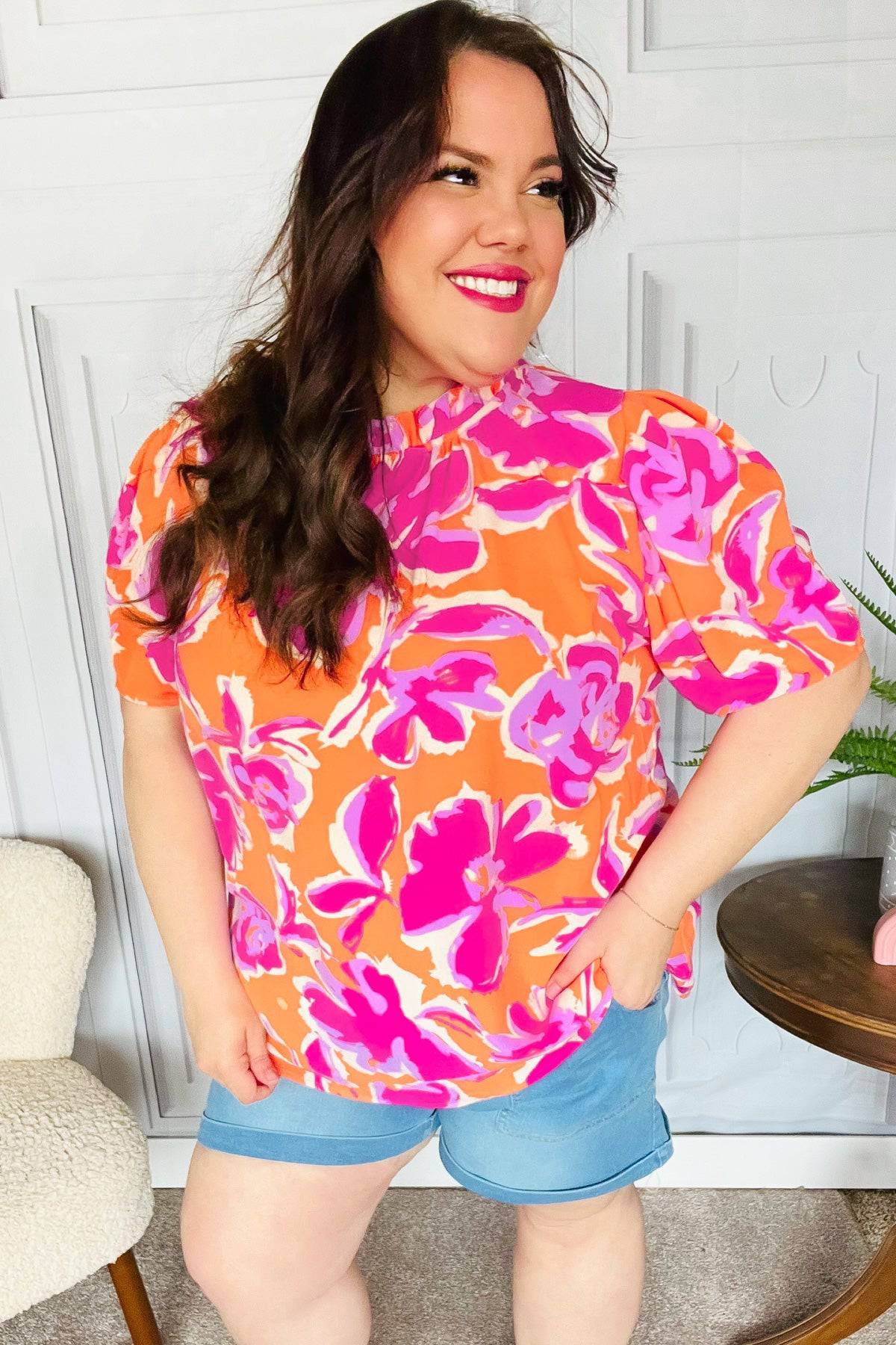 Feel Your Best Fuchsia Orange Floral Print Frill Mock Neck Top - Luxe Mod 