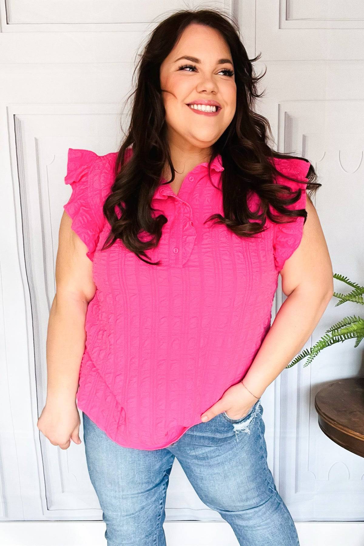 Glamorous In Hot Pink Textured Ruffle Mock Neck Top - Luxe Mod 