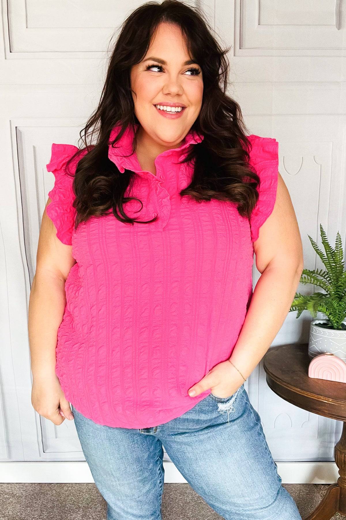 Glamorous In Hot Pink Textured Ruffle Mock Neck Top - Luxe Mod 