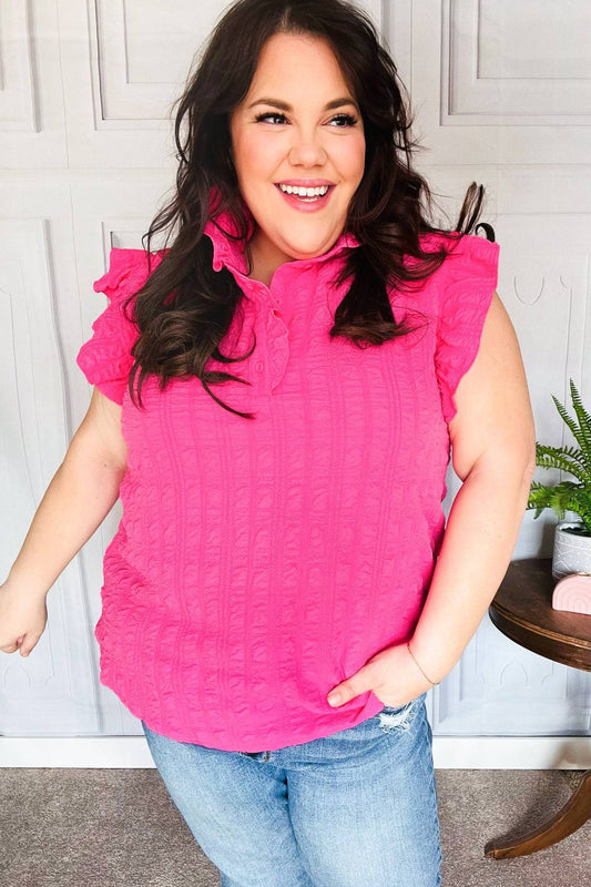 Glamorous In Hot Pink Textured Ruffle Mock Neck Top - Luxe Mod 