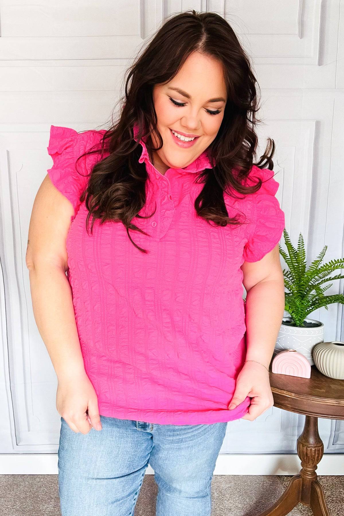 Glamorous In Hot Pink Textured Ruffle Mock Neck Top - Luxe Mod 