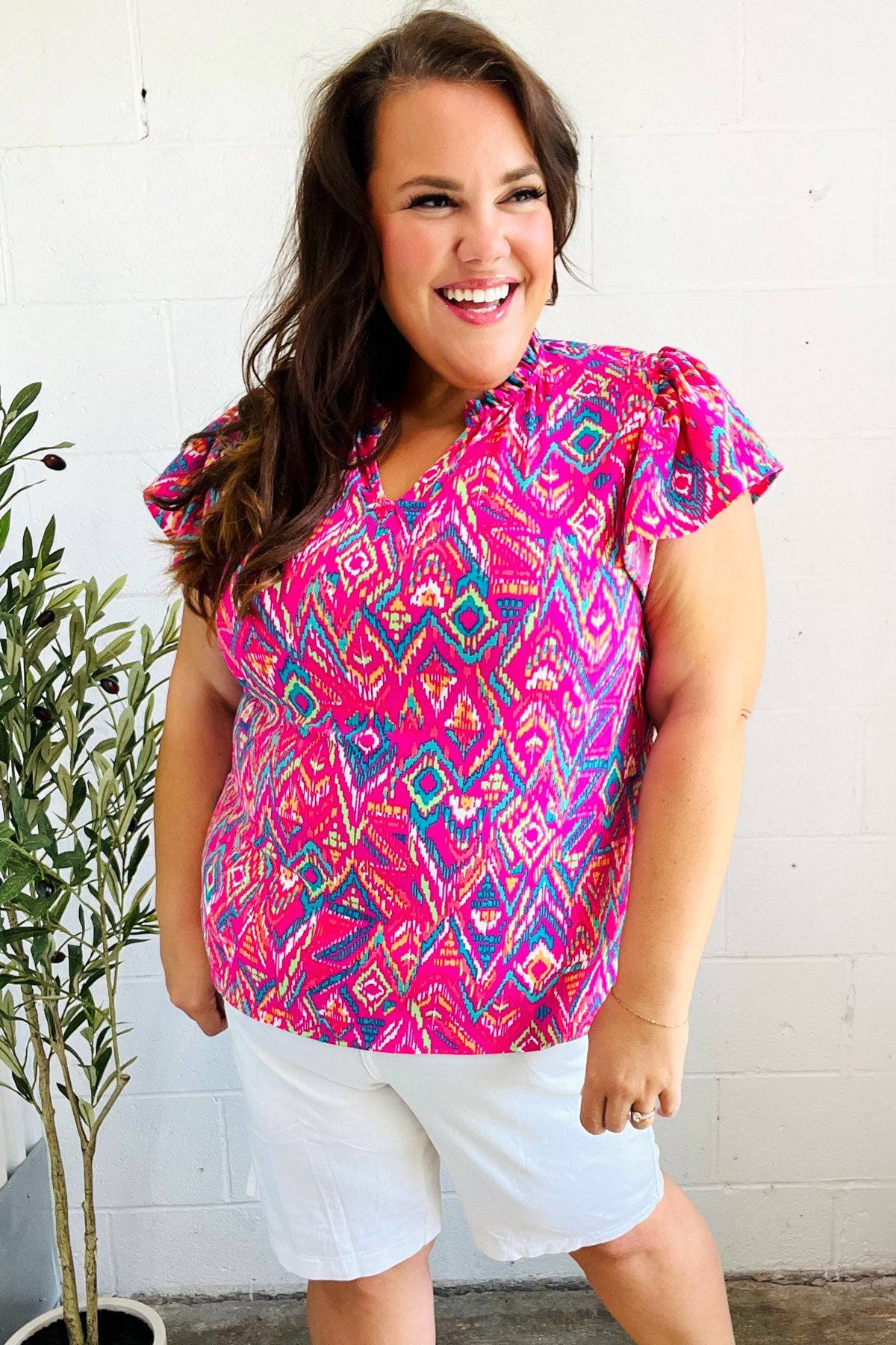 Eyes On You Fuchsia Boho Ikat Print Frill Notch Neck Top - Luxe Mod 