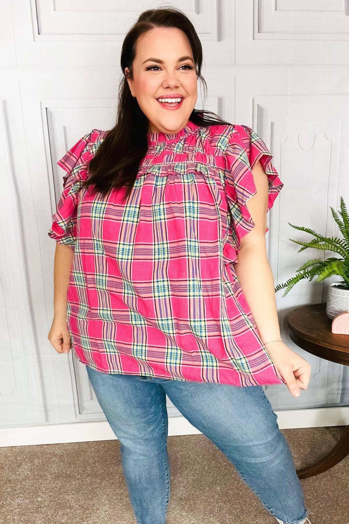 Live For Today Fuchsia Plaid Shirred Yoke Flutter Sleeve Top - Luxe Mod 