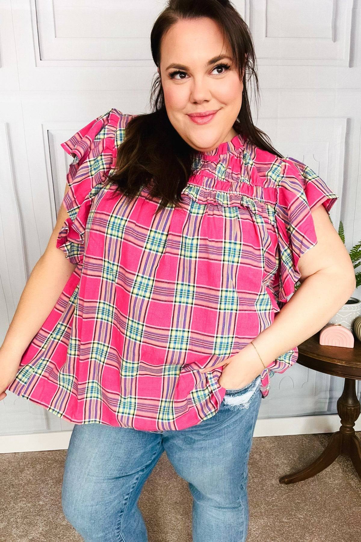 Live For Today Fuchsia Plaid Shirred Yoke Flutter Sleeve Top - Luxe Mod 