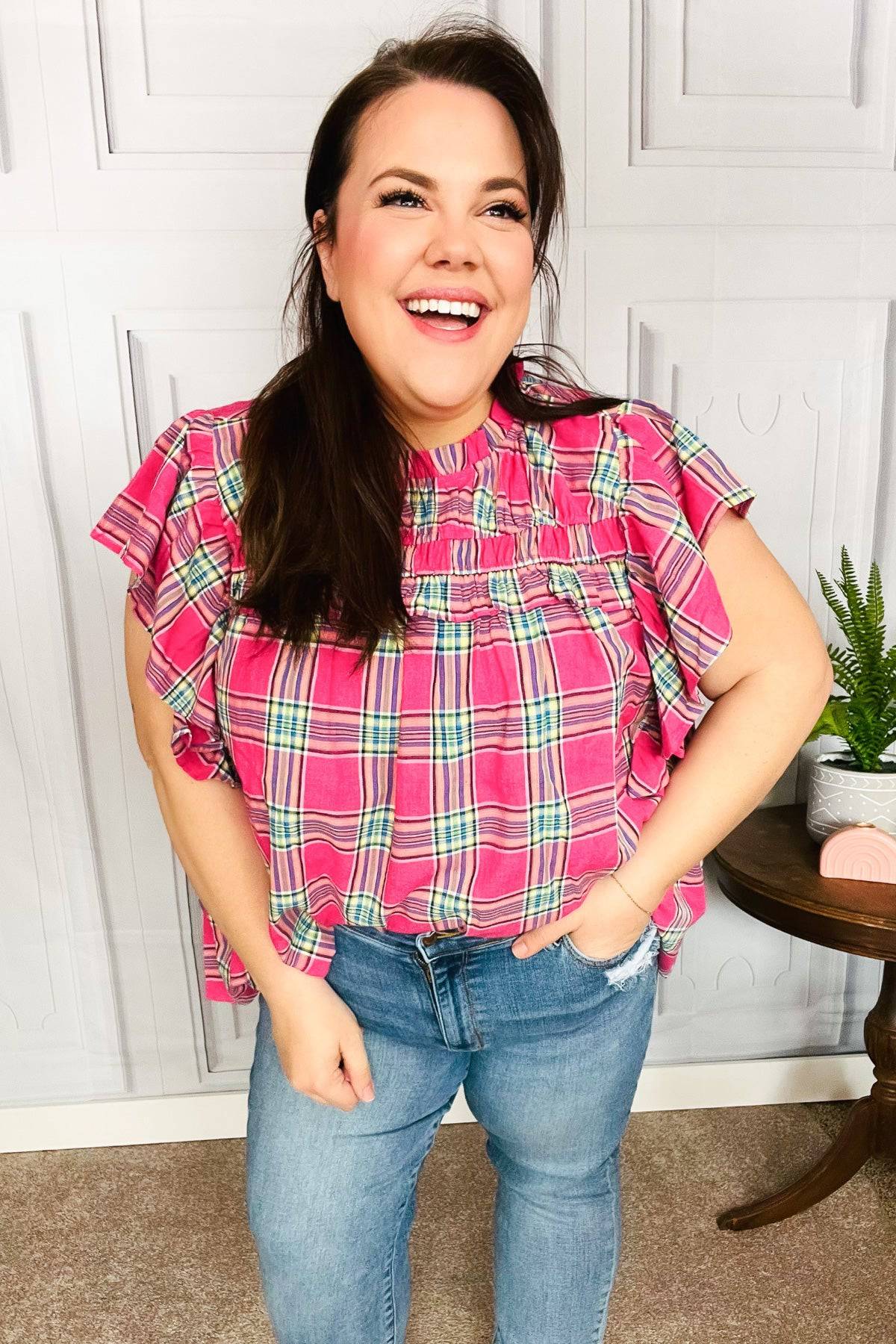 Live For Today Fuchsia Plaid Shirred Yoke Flutter Sleeve Top - Luxe Mod 