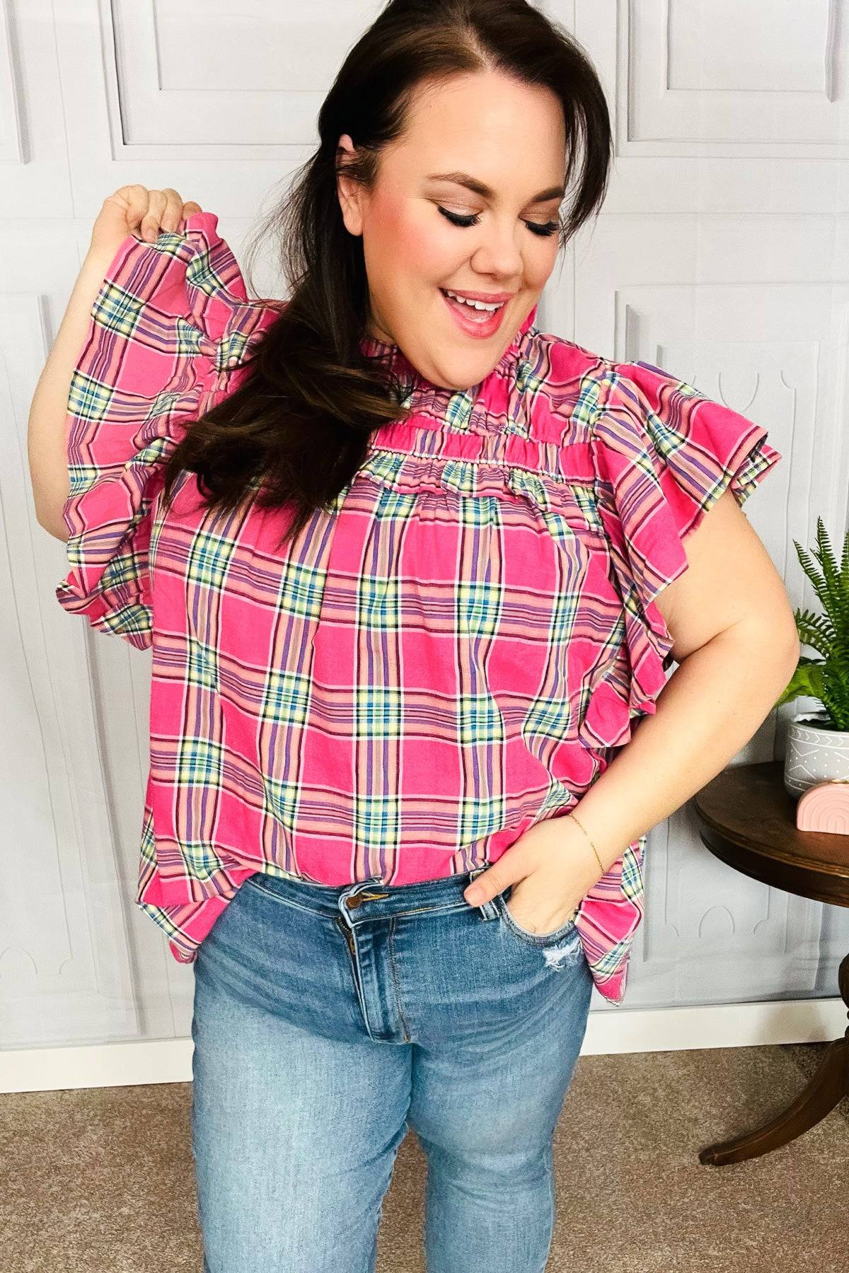 Live For Today Fuchsia Plaid Shirred Yoke Flutter Sleeve Top - Luxe Mod 