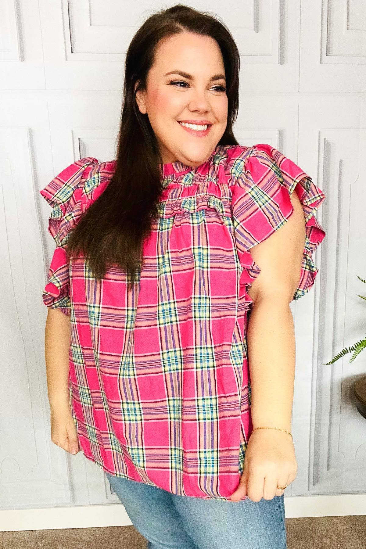 Live For Today Fuchsia Plaid Shirred Yoke Flutter Sleeve Top - Luxe Mod 