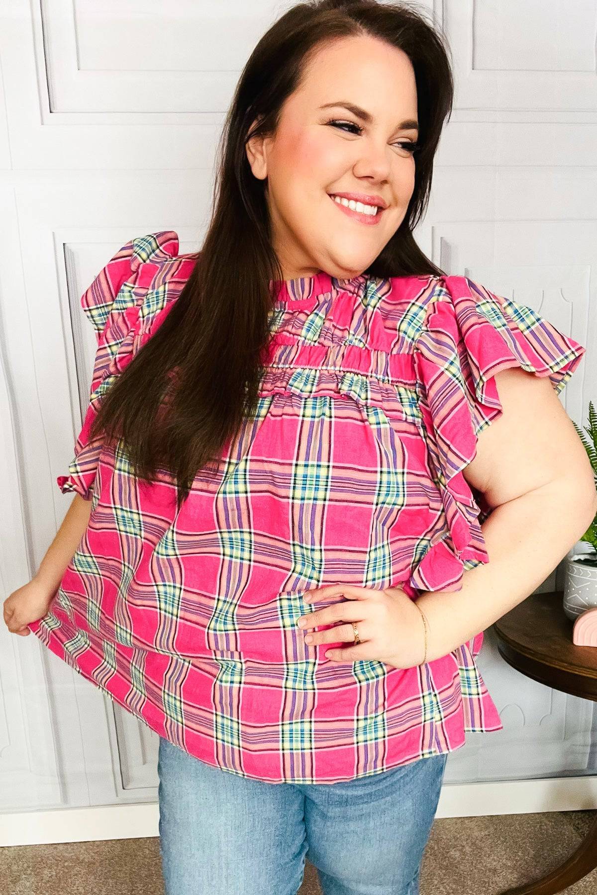 Live For Today Fuchsia Plaid Shirred Yoke Flutter Sleeve Top - Luxe Mod 