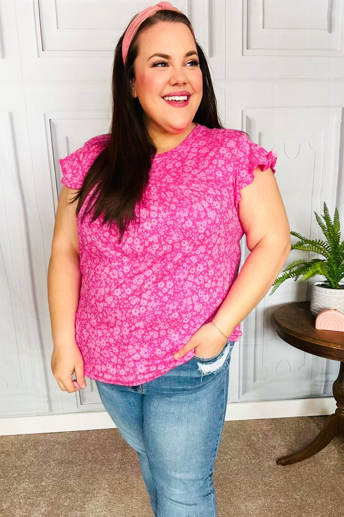 Look Of Love Fuchsia Floral Yoke Ruffle Short Sleeve Top - Luxe Mod 