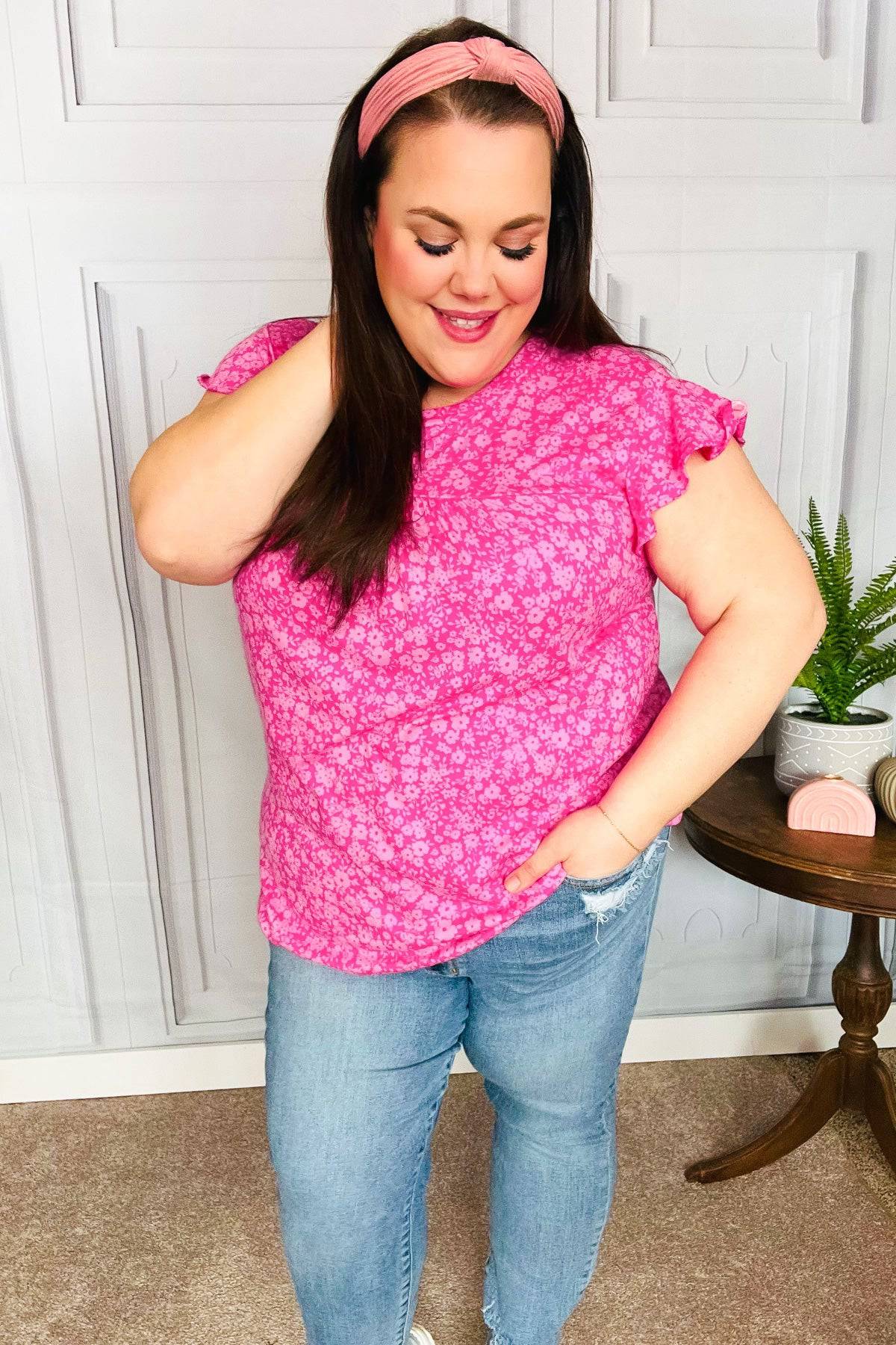 Look Of Love Fuchsia Floral Yoke Ruffle Short Sleeve Top - Luxe Mod 