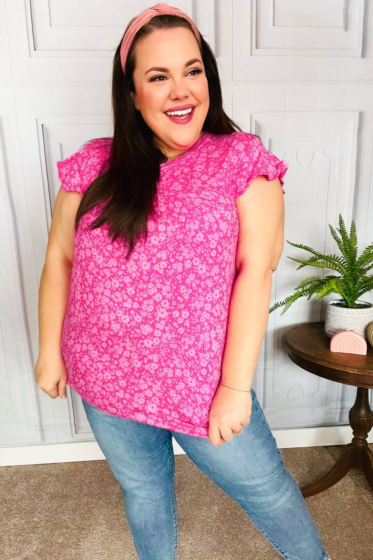 Look Of Love Fuchsia Floral Yoke Ruffle Short Sleeve Top - Luxe Mod 