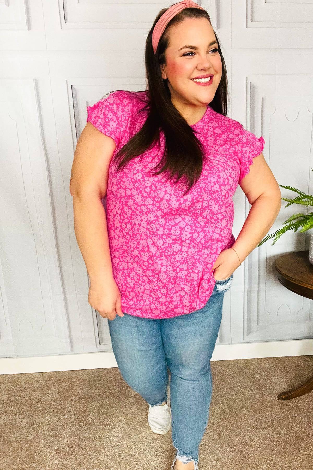 Look Of Love Fuchsia Floral Yoke Ruffle Short Sleeve Top - Luxe Mod 