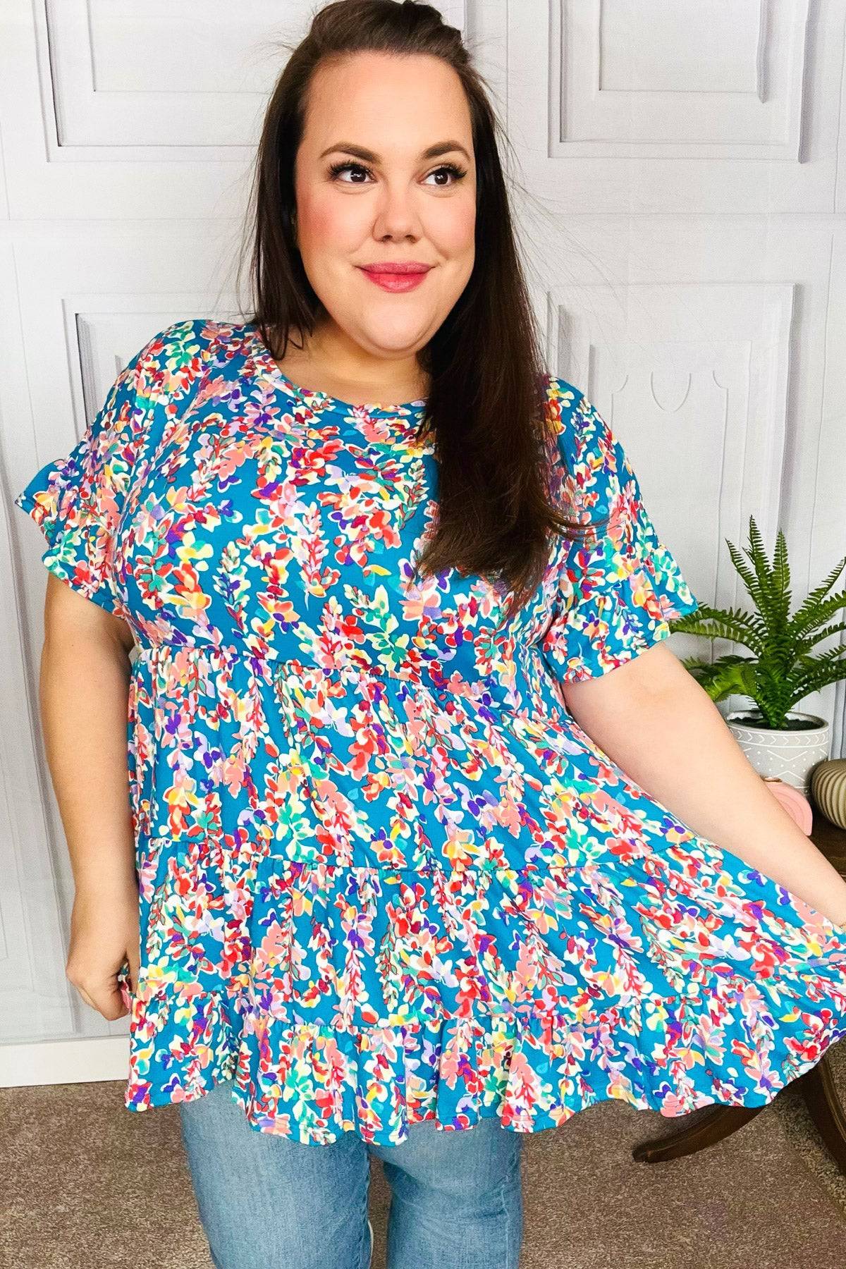 Looking Your Way Blue Floral Ruffle Hem Tiered Top - Luxe Mod 