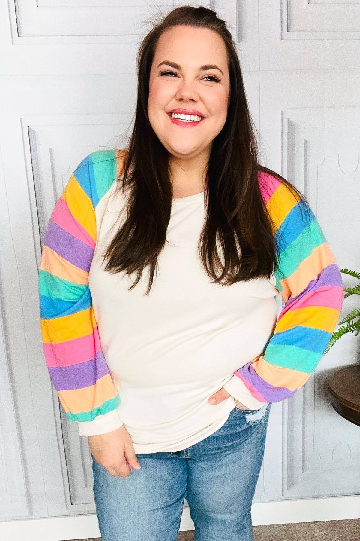 Just For You Rainbow Bubble Sleeve Terry Raglan Top - Luxe Mod 