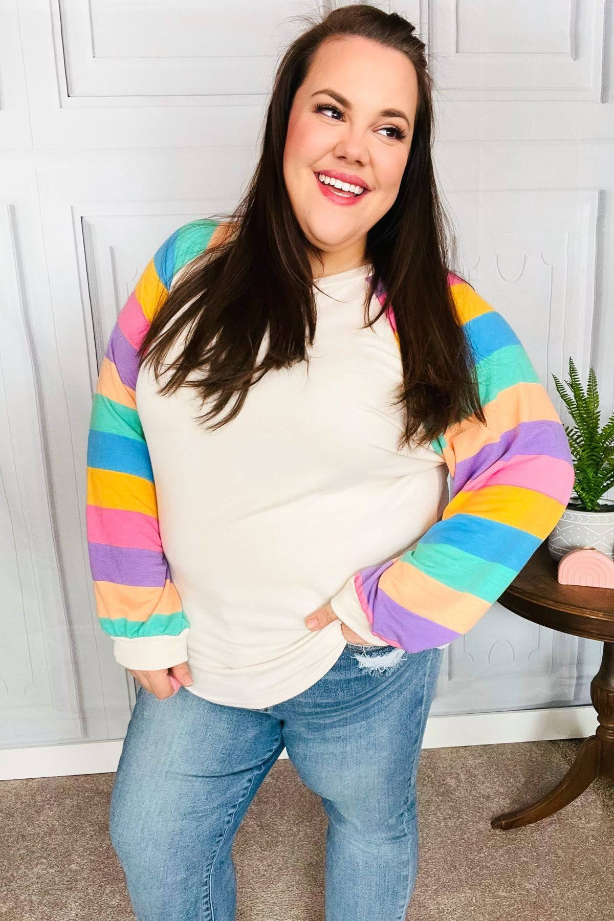 Just For You Rainbow Bubble Sleeve Terry Raglan Top - Luxe Mod 