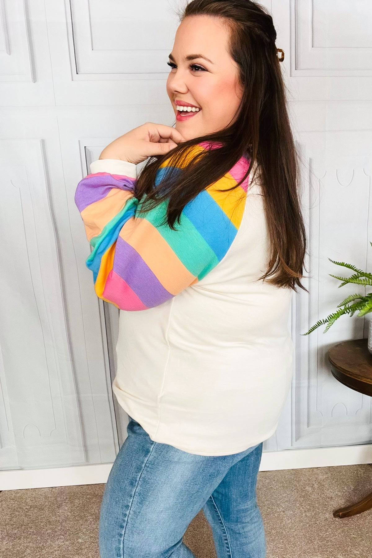 Just For You Rainbow Bubble Sleeve Terry Raglan Top - Luxe Mod 