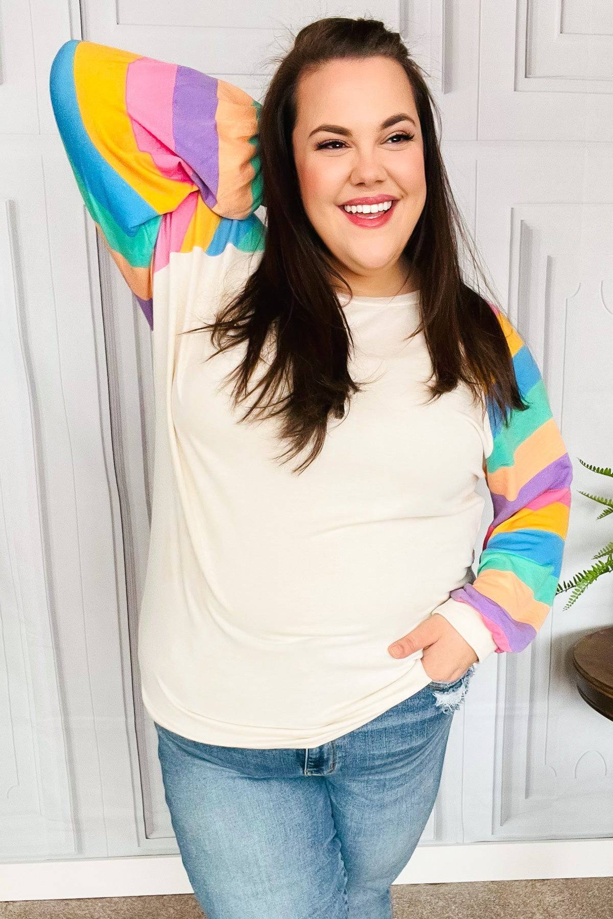 Just For You Rainbow Bubble Sleeve Terry Raglan Top - Luxe Mod 