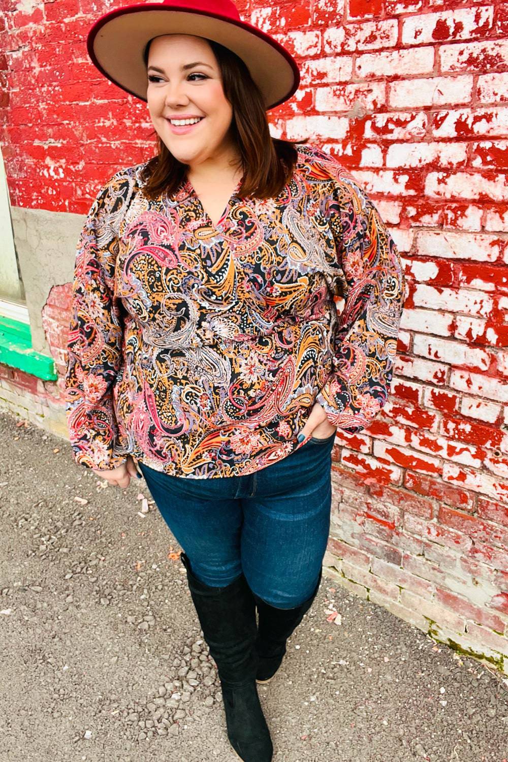 Feeling Elegant Black & Rust Paisley Surplice Peplum Top