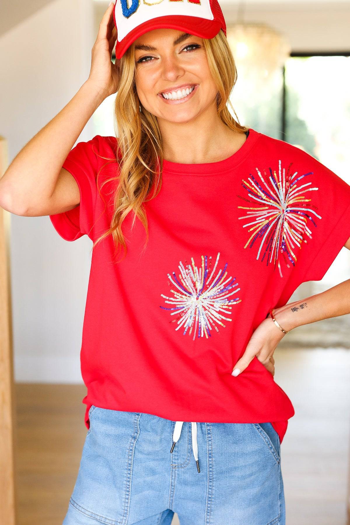 Light Me Up Red Sequin Firework Dolman Top - Luxe Mod 