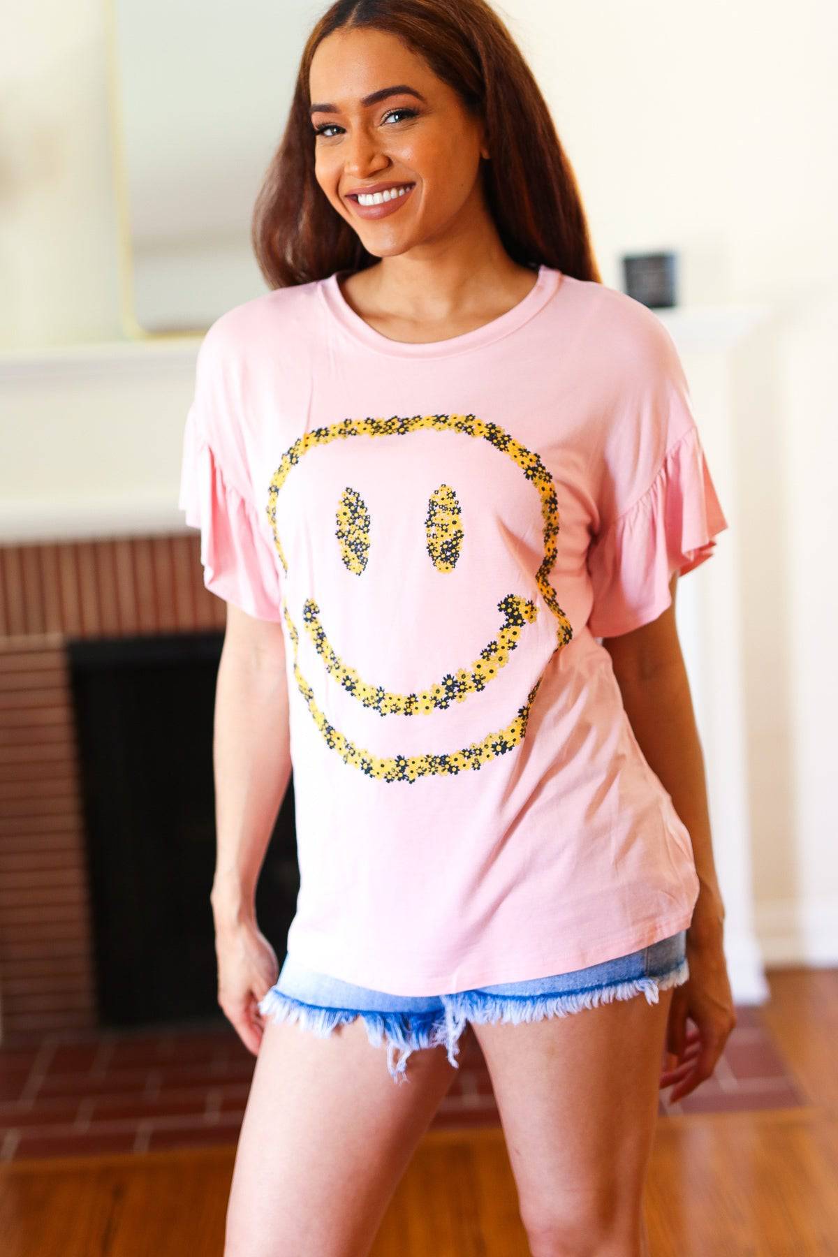 Live For Today Pink Floral Smiley Face Flutter Sleeve Tee - Luxe Mod 