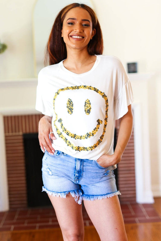 Live For Today White Floral Smiley Face Flutter Sleeve Tee - Luxe Mod 