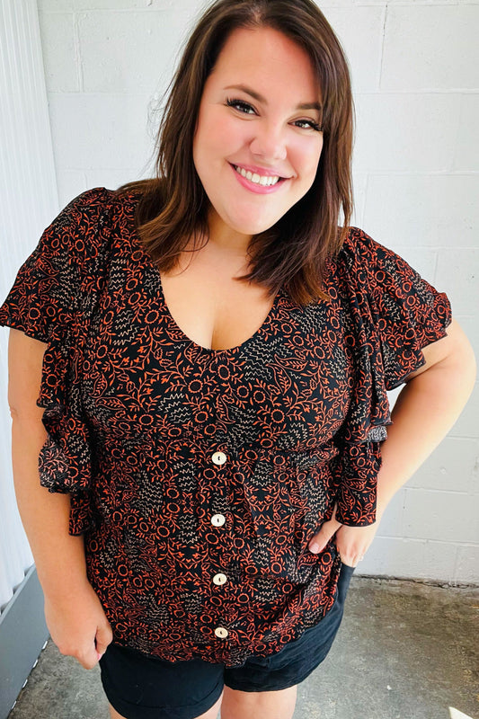 Black & Orange Boho Print Button Detail Side Ruffle Top