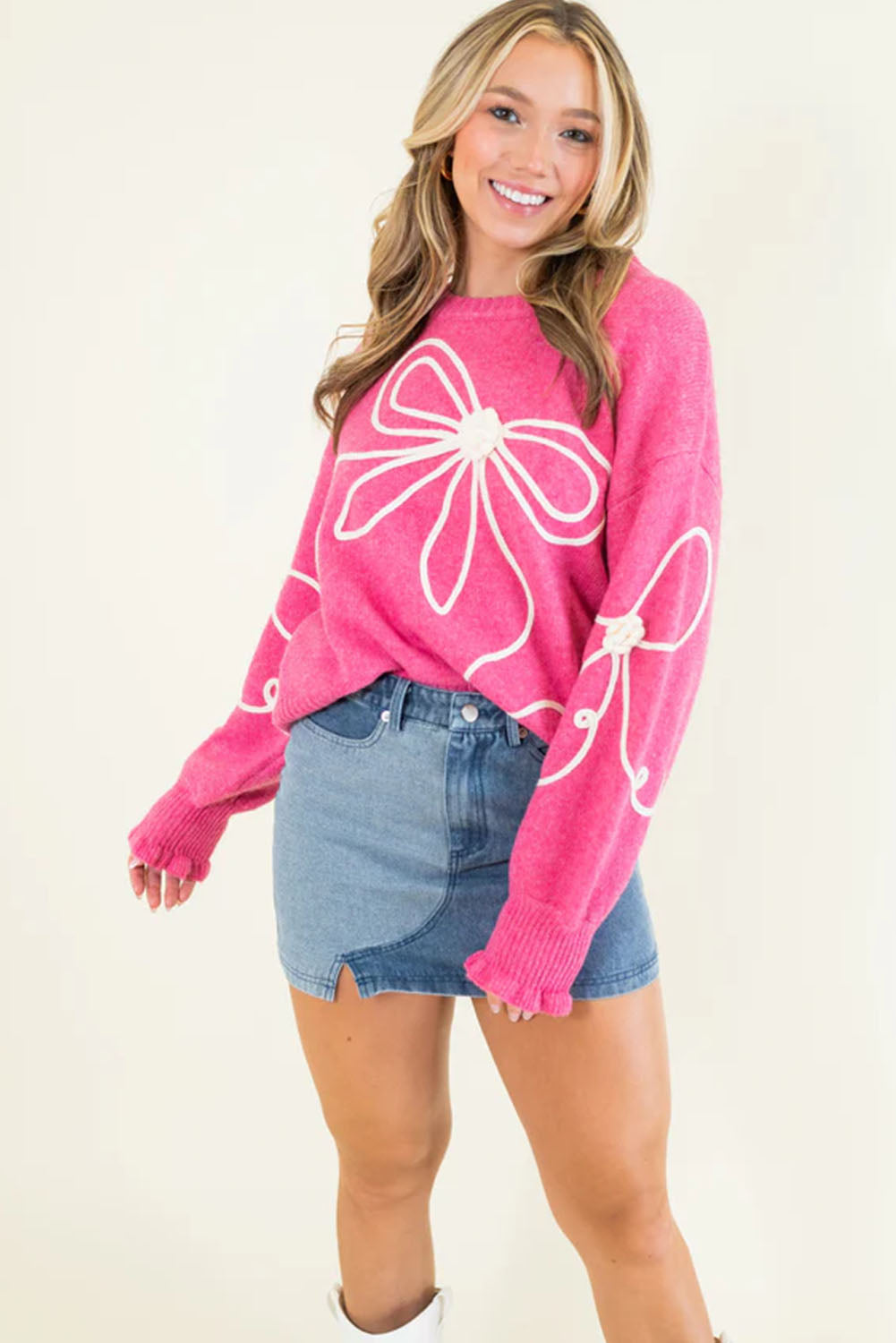 Bright Pink Sweet Bow Pattern Drop Sleeve Knit Sweater - Luxe Mod 