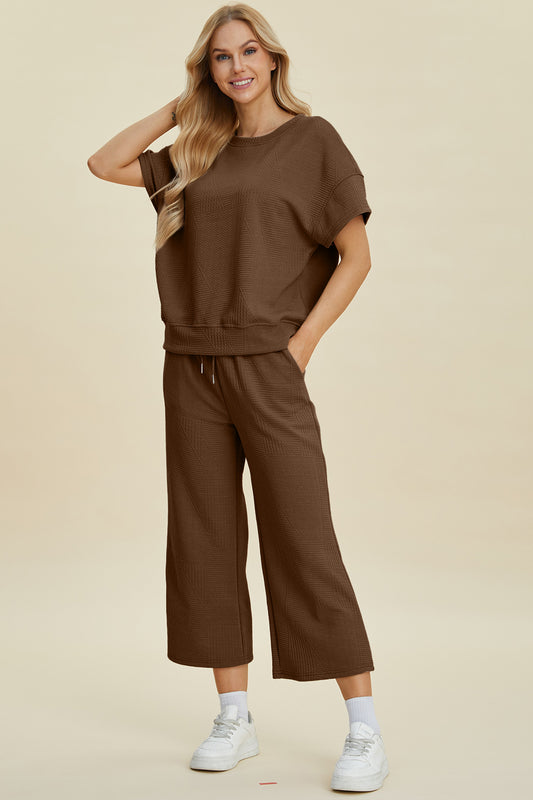 Double Take Full Size Texture Round Neck Top and Pants Set - Luxe Mod 