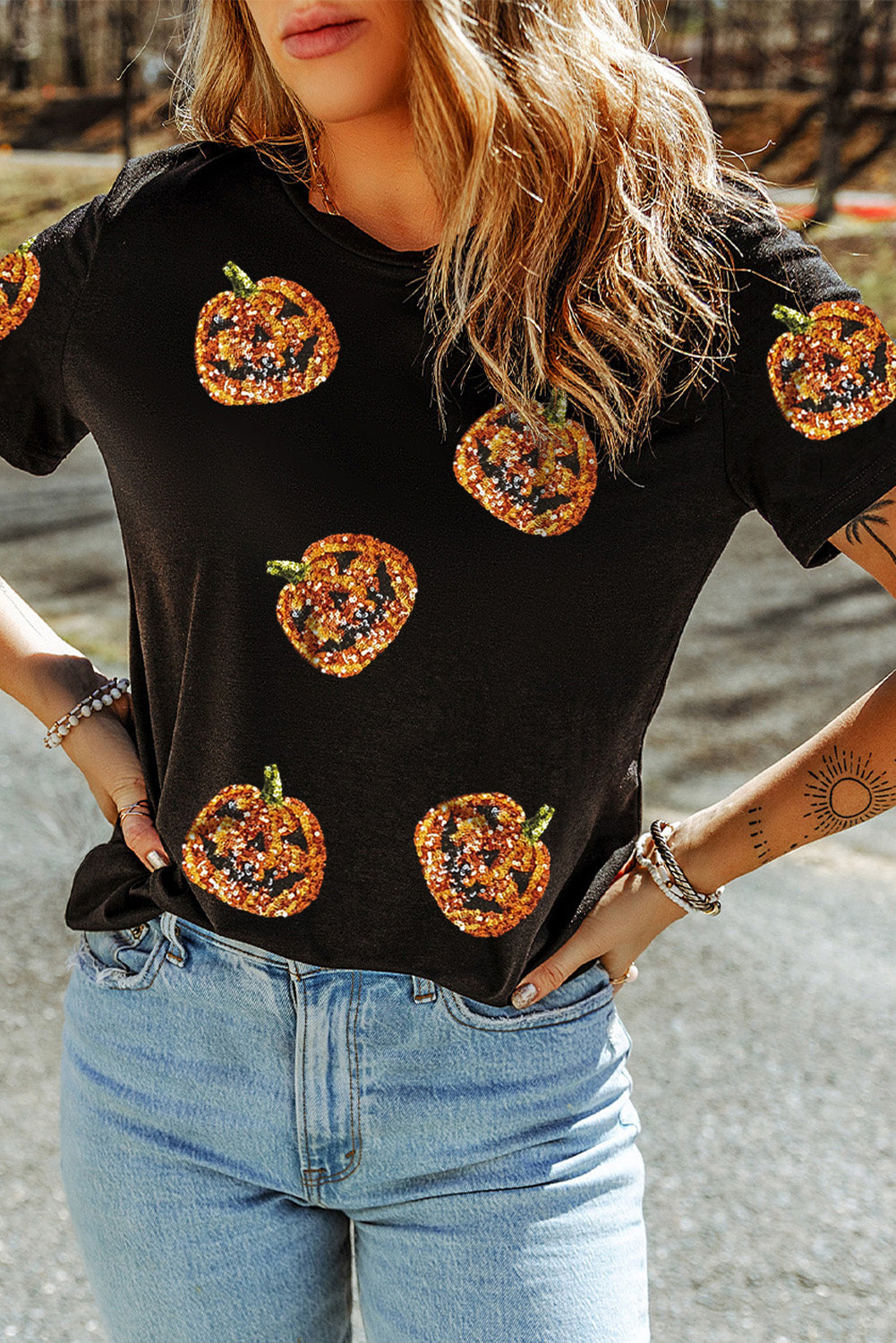 Black Halloween Sequin Pumpkin Face Graphic T Shirt - Luxe Mod 