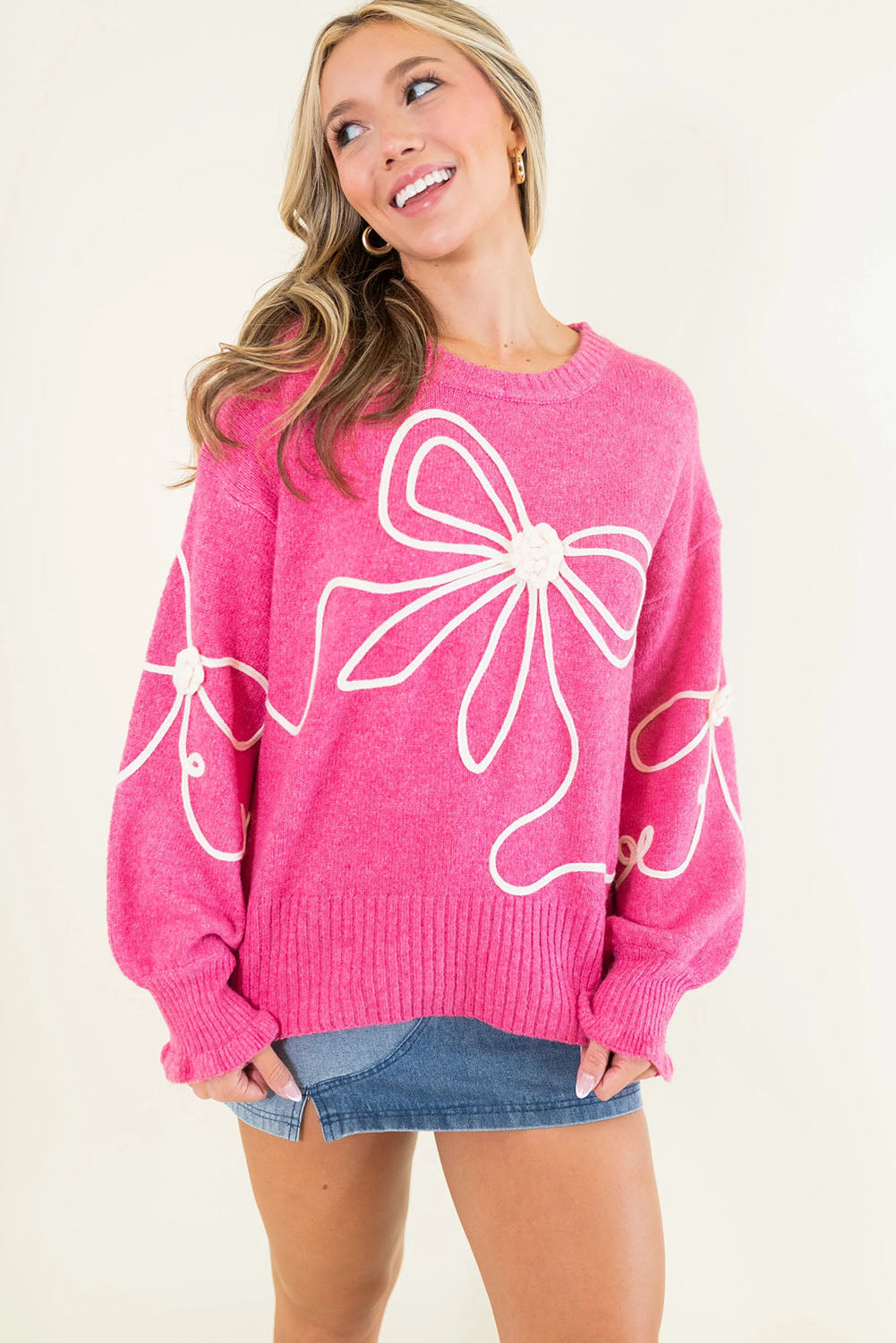 Bright Pink Sweet Bow Pattern Drop Sleeve Knit Sweater - Luxe Mod 