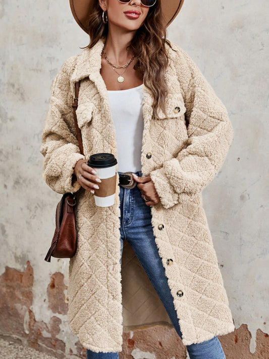 Fuzzy Button Up Dropped Shoulder Long Sleeve Coat - Luxe Mod 