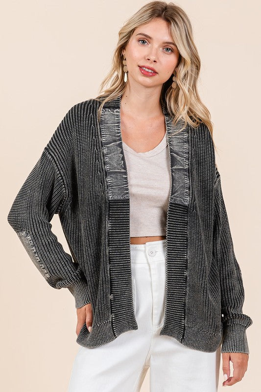 Mittoshop Contrast Patch Open Front Mineral Wash Cardigan